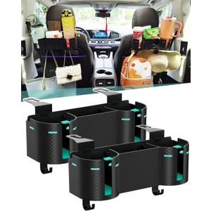 Car Headrest Backseat Cup Holder 3.7" with Organizer, High Capacity 4 in 1 Seat Back Organizer with Headrest Hooks, Multifunctional Storage for Car Travel Accessories Compatible with Most Vehicles (2 PACK, BLACK+MINT GREEN)