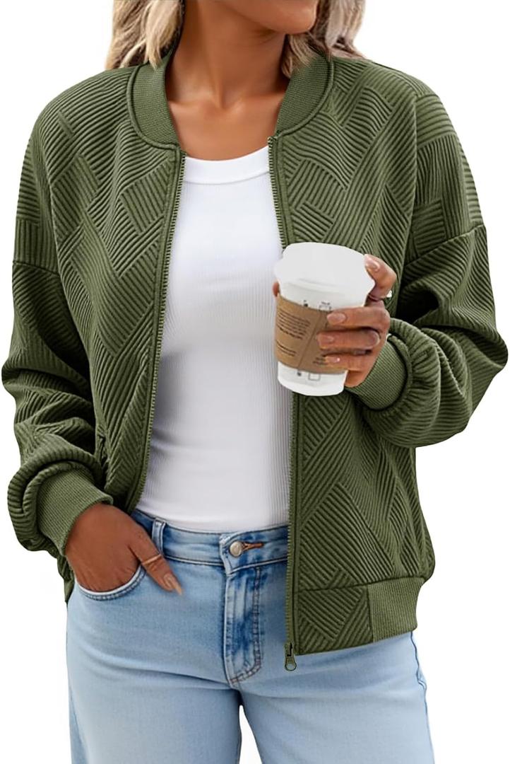 Tankaneo Womens Bomber Jacket Zip Up Casual Jackets Lightweight Trendy Outerwear Coat with Pockets (Medium, Army Green)