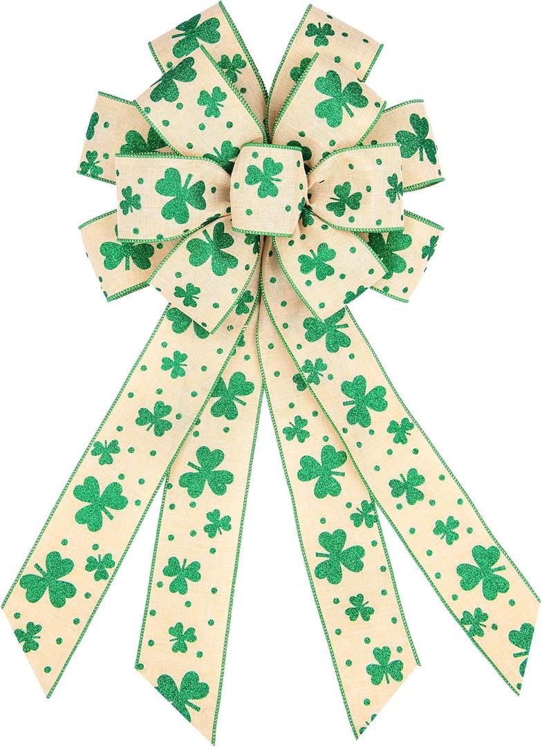 BUVANE St. Patrick's Day Wreath Bow,12 x 20 Inches Large Green Shamrock Irish Holiday Decoration Bow with Streamer Wired Edge Ribbon (Beige)