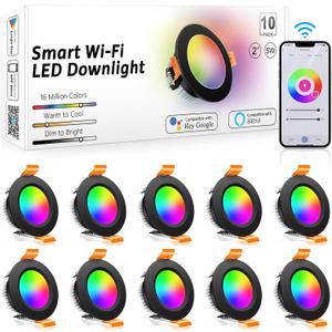 inShareplus 2 Inch Smart Recessed Lighting 10 Pack, 5W WiFi RGB LED Downlight 2700-6500K Dimmable, Color Changing, Black Trim, Alexa Google Compatible, with LED Driver, 120V Ceiling Lights (Corlorful)