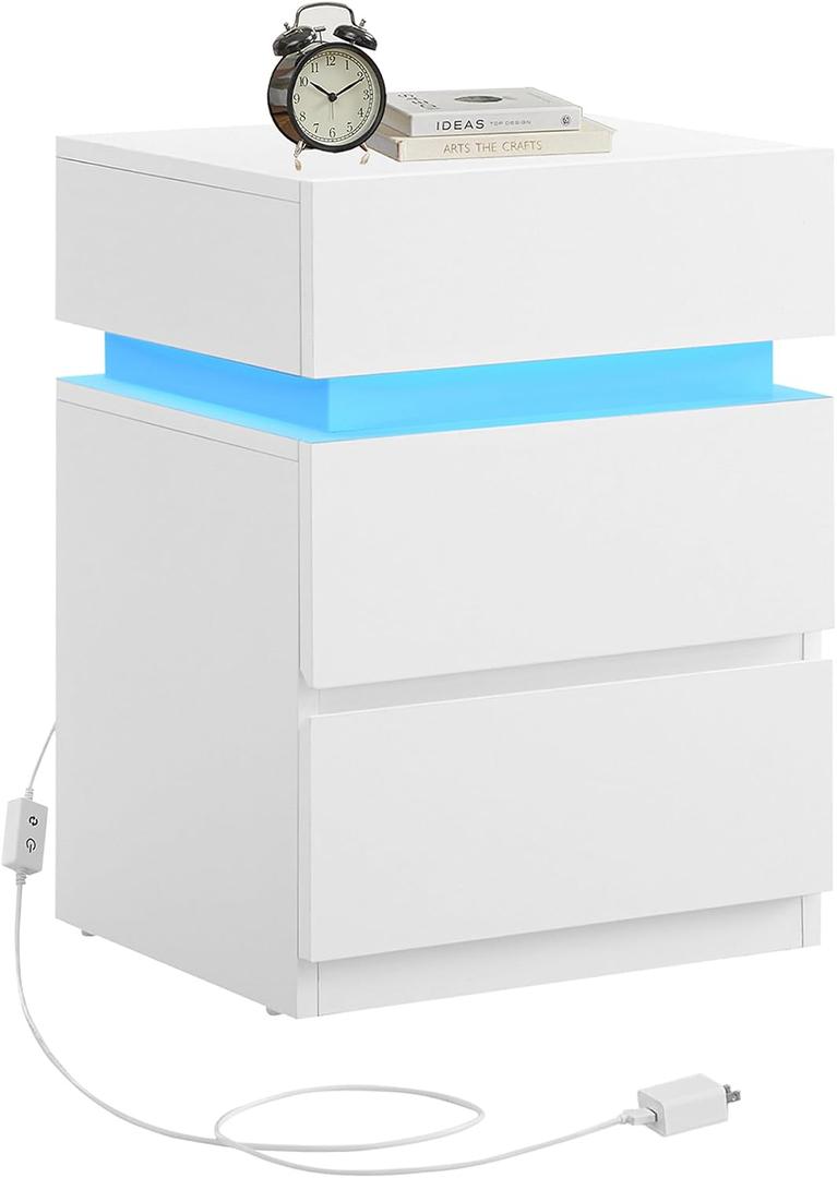 VASAGLE Nightstand with LED Lights, Adjustable Light Colors, Bedside Table, Side Table with 3 Drawers, Modern Style, 13.8 x 15.7 x 21.7 Inches, Cloud White LET630T12, 1 PACK