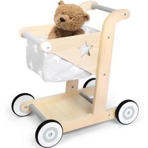 Asweets 2 in 1 Wooden Baby Walker Push and Pull Doll Stroller, Shopping Cart Learning Walker for Boys and Girls, Sit Stand Learning Toddler Toy (Grey)