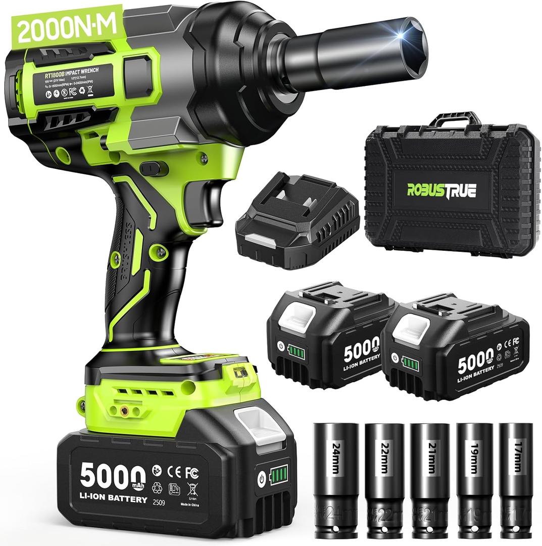 Robustrue Cordless Impact Wrench,1475Ft-lbs (2000N.m) 1/2 High Torque Brushless Impact Gun, 18V Power Impact Driver, 2 * 5000mAh Battery,5 Sockets, Brushless Variable Speeds for Car/Truck RV/Mower