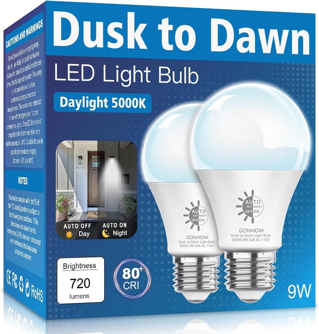 Gonhom 2 Pack Dusk to Dawn Light Bulbs Outdoor, 5000K-Daylight, 720LM, 9W(60W Equivalent) A19 E26 Automatic On/Off LED Light Bulbs, Dusk to Dawn LED Outdoor Lighting for Porch Garage Patio