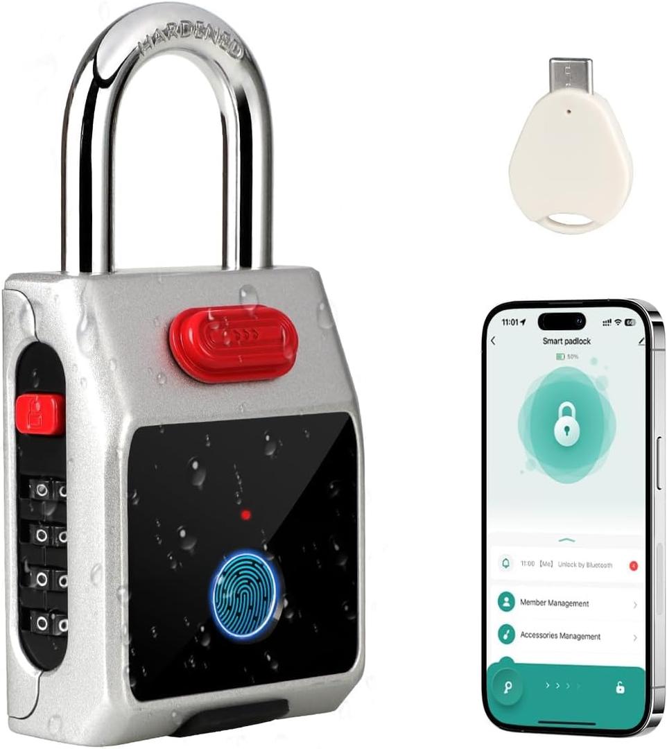 Smart Fingerprint Padlock with APP Unlock, Combination Lock, for Gym Lockers, Luggage, Travel, Keyless Biometric, IP65 Waterproof Lock for Outdoor Fence (White)