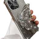 for iPhone 15 Pro Max Case with Butterfly Kickstand,Cute Bling Glitter Rhinestones Phone Case with Camera Lens Protector,Electroplate Flowing Liquid Ring Stand for iPhone 15 Pro Max (Silver)