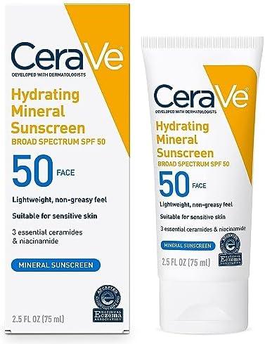 CeraVe 100% Mineral Sunscreen SPF 50, Face sunscreen With Zinc Oxide & Titanium Dioxide, Hyaluronic Acid + Niacinamide + Ceramides, Oil Free, Travel Size 2.5 oz