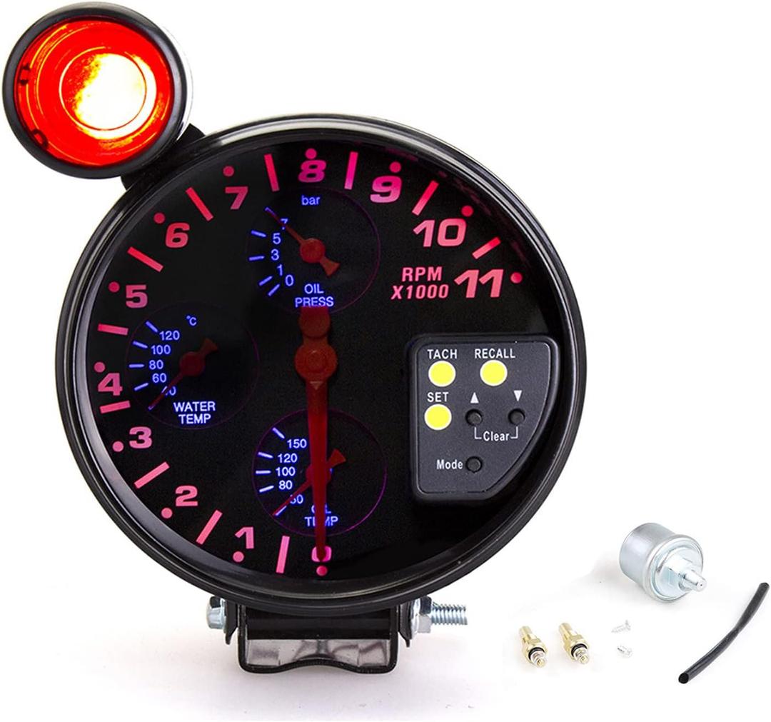 Tachometer Gauge,5" 12V Automotive Replacement Tachometers 0-11000 RPM w/Shift Light,Oil/Water Temperature Pressure Gauges RPM Tachometer for Car 4/6/8 Cylinder Engines
