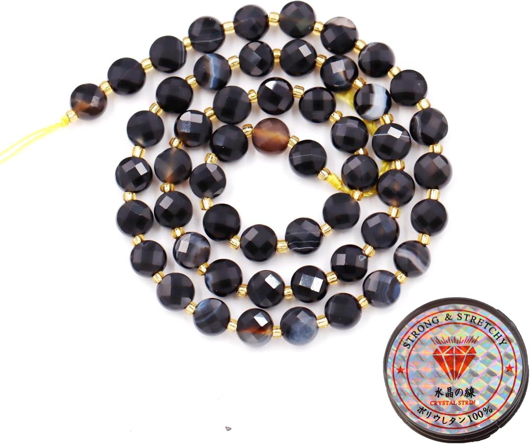 Gemstone Beads for Jewelry Making, Natural Stone Faceted Coin Beads Black Stripe Onyx 6mm