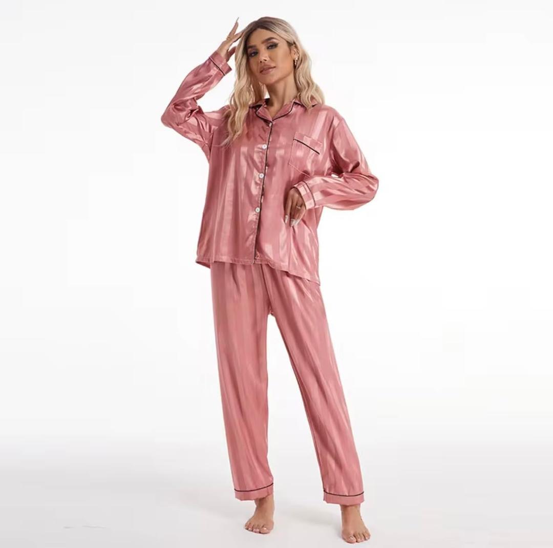 Satin Pajama Set – Christmas Red & Pink Striped PJs for Women & Men, Long Sleeve Button-Up Top with Pants (US, Alpha, Large, Regular, Regular, Satin Red Stripe)