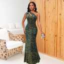 Cololura Women Sequin Elegant Sexy One Shoulder Tassel Mermaid Bodycon Cocktail Evening Dress (Green, XL)
