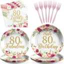 96Pcs 80th Birthday Decorations for Women Rose Gold Floral 80th Birthday Plates and Napkins Tableware Sets 80 and Fabulous Party Decorations for Womens 80 Years Old Party Supplies Serves 24