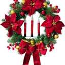 21 Inch Lighted Christmas Wreath Xmas Poinsettia Wreath for Front Door with Red Flameless Candles Ball Ornaments Berries Pine Needles and Velvet Bow for Outdoor Home Wall Window Holiday Decor
