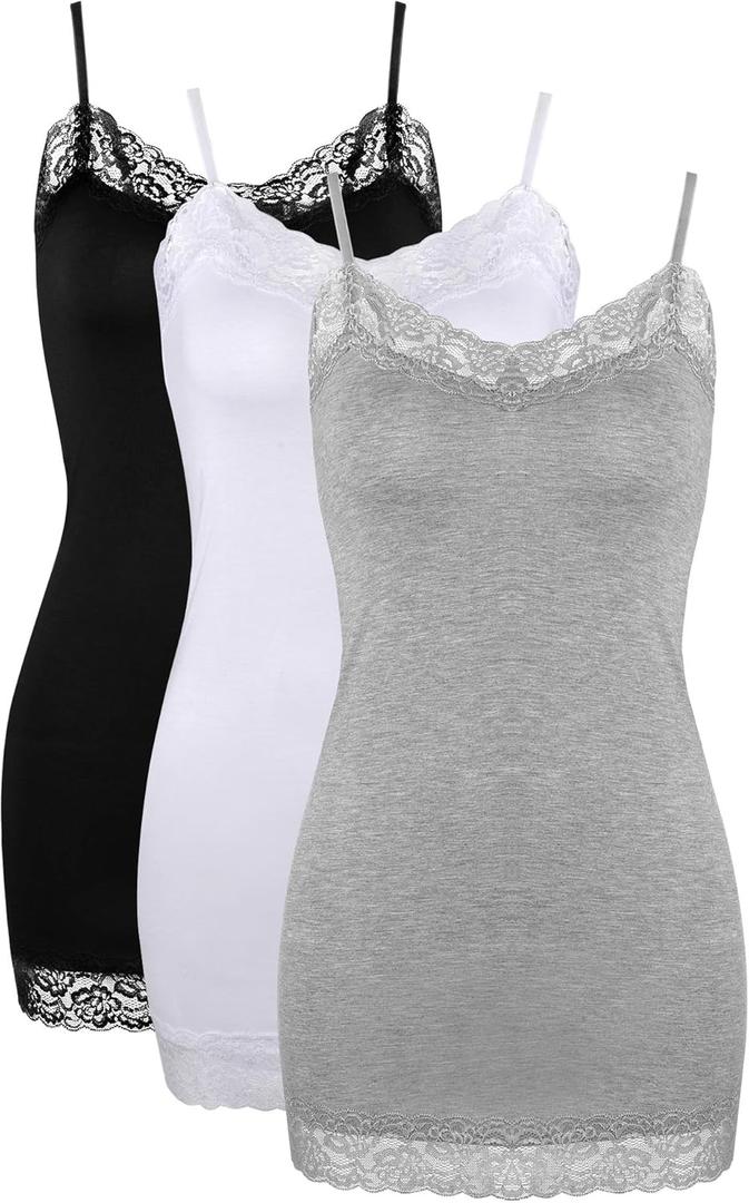 SATINIOR 3 Pcs Women Long Camisoles Lace Tank Tops Neck Cami Adjustable Spaghetti Strap Trim Lace Tank Top for Women Wearing (Gray, S)