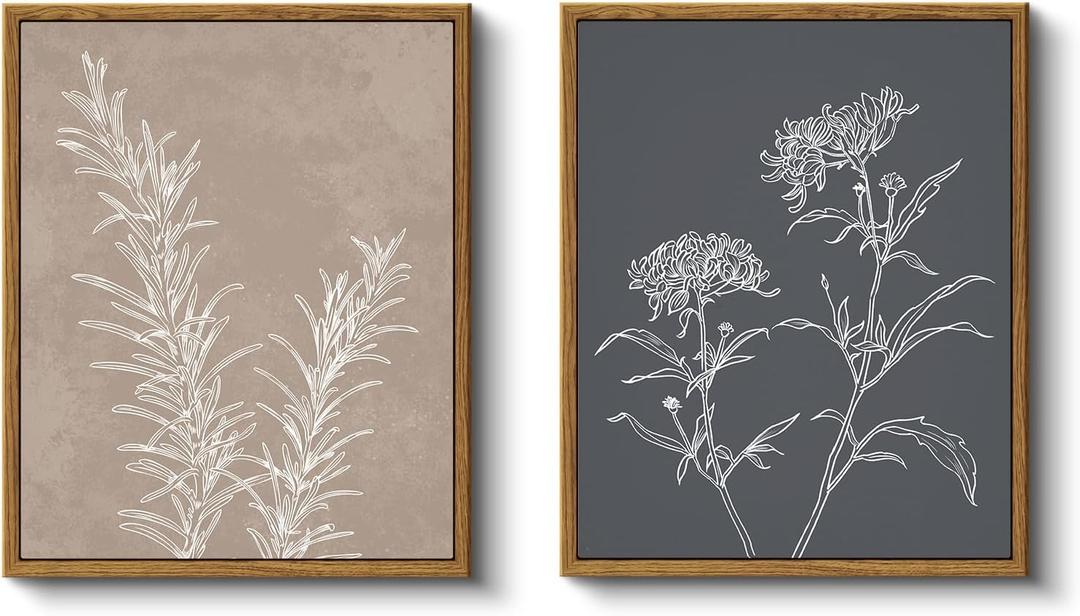 VIYYIEA 2Pcs Vintage Framed Wall Art, Home Boho Neutral Wall Decor, Retro Botanical Pictures Minimalist Art, Canvas Prints, Bathroom Kitchen Farmhouse Decor, 9x11inch,Set of 2