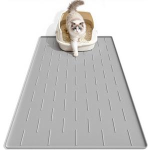 Pieviev Silicone Cat Litter Trapping Mat, 34''x22'' Large Cat Litter Mat, Easy to Clean & Soft on Kitty Paws, Waterproof Kitty Litter Pads for Indoor Cats, Light Grey