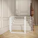 No Pawblems Free Standing Dog Gate with Door, 30'' Tall Foldable Dog Fence for Indoor & Outdoor, Up to 78 Inch Extra Wide Puppy Gate for Stairs, Hallways, Doorways, Deck, Yard (White, 3 Panels)