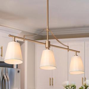 KSANA Brushed Gold Chandelier, Modern 3-Lights Linear Island Light Fixtures with Fabric Shades for Dining Room, Foyer, Bedroom and Living Room