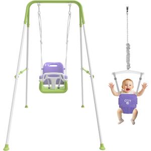 2 in 1 Toddler Swing & Baby Jumper, Foldable Baby Bouncer with Soft Cushion, Foldable Indoor & Outdoor Use, Easy to Install & Store Swing Sets for Backyard Play (Purple)