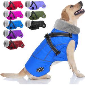 Doglay Dog Coat with Harness, Reflective Warm Dog Jacket Waterproof Puppy Winter Coat for Cold Weather, Adjustable Fleece Jacket for Small Medium Large Dogs (Blue)
