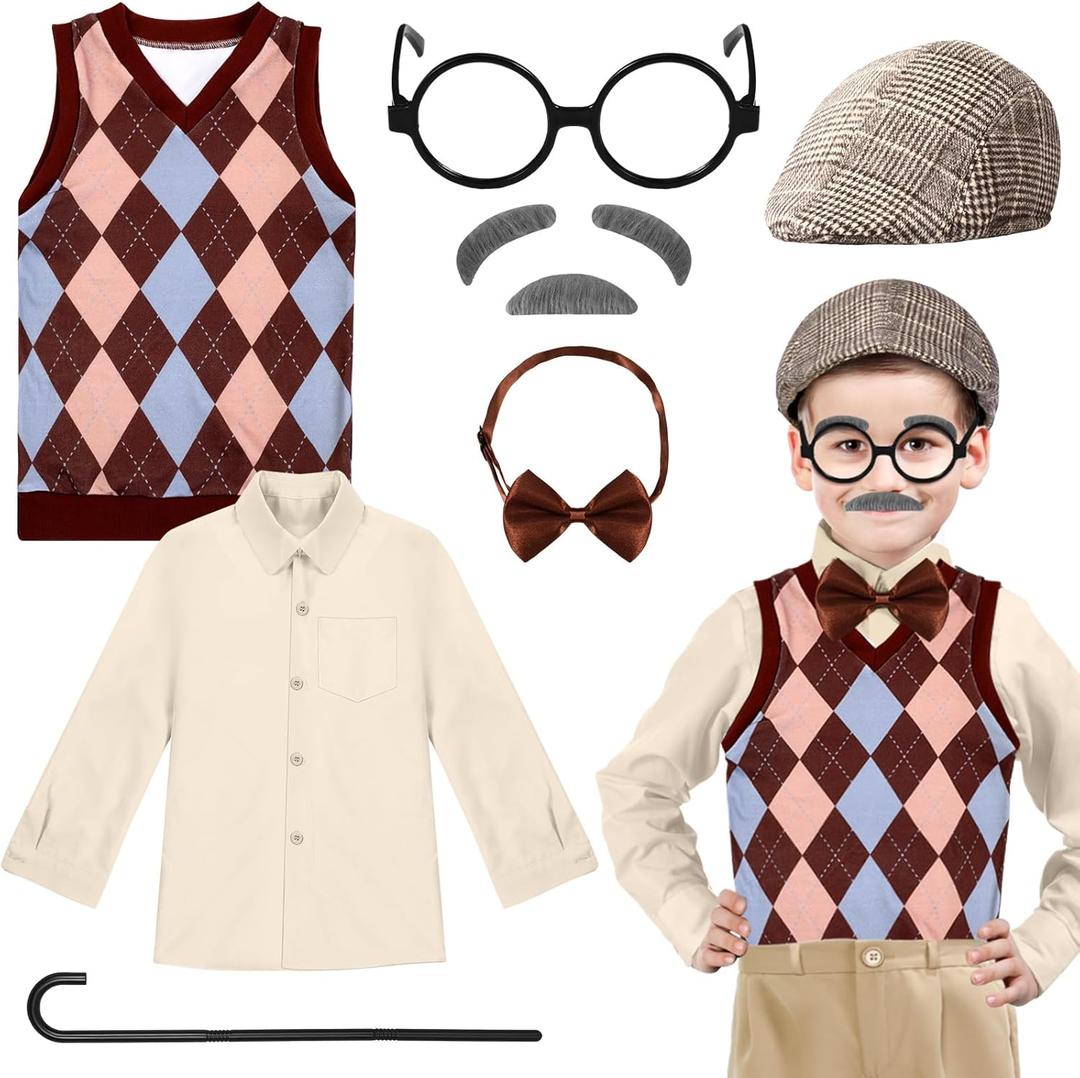 Liitrsh 7 Pcs Old Man Costume Grandpa Costume 100 Days of School Beret Vest Shirt Eyeglass Halloween Outfit for Cosplay (5-7 Years)