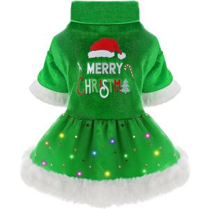 Yikeyo Dog Christmas Dress, Dogs Christmas Outfit Sweater LED Light Winter for Small Puppy Girl Clothes Costume,Cat Doggy Pet Apparel,Green,XXS