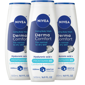 NIVEA Derma Comfort Caring Body Wash for Sensitive Skin, Body Wash with Hyaluronic Acid and Vitamin E, 16.9 Fl Oz Bottle, Pack of 3