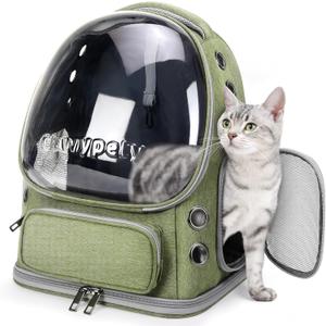 Cawypety Cat Backpack Carrier, Breathable Cat Carrier Large Space Bubble Pet Backpack for Kitty Small Dog up to 15lbs, Transparent & Foldable Pet Carrier for Travel Hiking Green