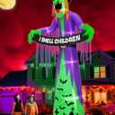 12 FT Giant Halloween Inflatables Witch Outdoor Decorations with LED Lights,Scary Witch Holds I Smell Children Banner Blow Up Halloween Decorations Outdoor Yard Garden Lawn Home with Stakes Tether