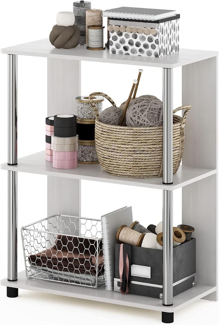 Furinno Jaya Simple Design 3-Tier Bookcase / Bookshelf / Display Rack with Stainless Steel Tubes, White Oak, 3-Tier Stainless Steel Poles