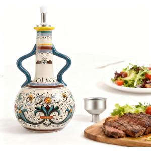 Ceramic Olive Oil Dispenser Bottle 23oz, Large Olive Oil Container for Kitchen, Oil & Vinegar Cruet with Stainless Steel Spout, Ceramic Oil Dispenser with Handle, Drip-Free Cooking Cruet (B)