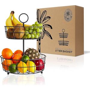 Regal Trunk & Co. -2 Tier Fruit Basket - French Wire Baskets| Wire Basket Holder| Multi-Tier Fruit Basket for Countertop or Hanging | Metal Frame