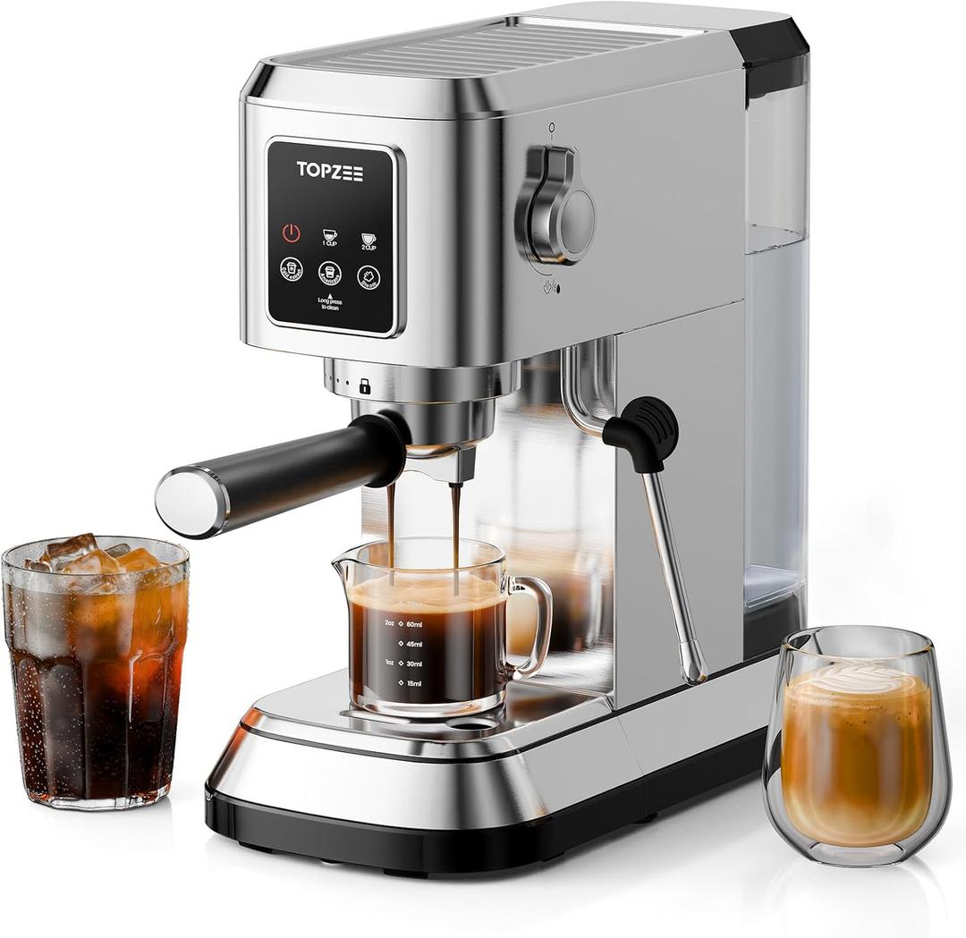 topzee Espresso Machine 20 Bar, Compact Coffee Maker with Milk Frother & Cold Brew Function, 52oz Removable Water Tank, Stainless Steel Cappuccino, Latte Maker, Silver