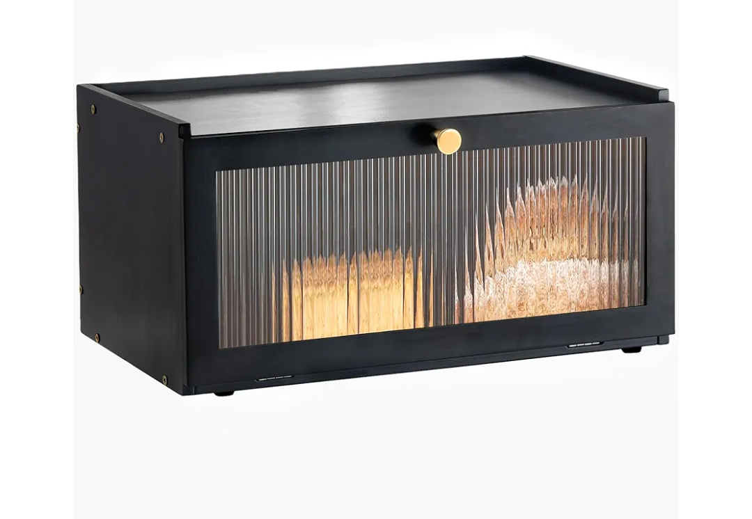 Black Bread Box for Kitchen Countertop - Modern bamboo Bread box with Window Bread Storage Container
