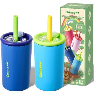 2 PACK Kids Double Walled Stainless Steel Cups with Straws and lids | 12 oz Spill-Proof Sippy Smoothie Tumbler Set, Small Kids Snack & Drink Water Cups, BPA-Free (Age: 3+ years old & up) (Blue)