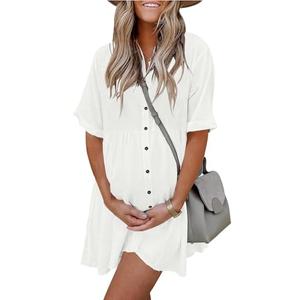 PYGFEMR Women's Summer Short Sleeve Babydoll Dress Button Down Sun Dresses with Pockets Beige White S