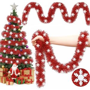 100 ft Christmas Tinsel Garland Metallic Garland Light Glittering Decoration for Valentine Birthday Wedding Party Holiday Festivities Indoor Outdoor Home Supplies(Red, Snowflake)