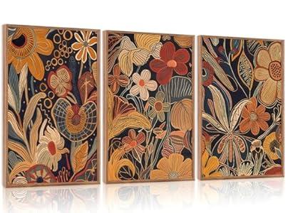 Aurlan Burnt Orange Wildflowers Botanical Wall Art Set(16"x24"), 3 Pieces Abstract Floral Blossom Framed Canvas Artwork, Large Mid Century Modern Boho Nature Wall Decor for Office Bedroom Living Room