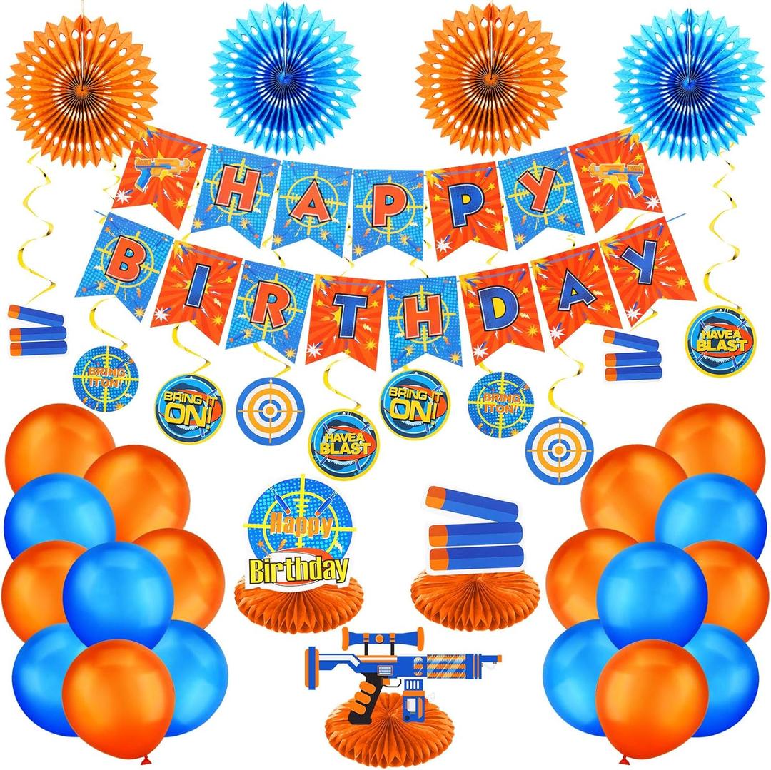 30 Pieces Dart Happy Birthday Supplies Gun Decoration Banner Latex Balloons Paper Fans Honeycomb Centerpieces 3D Dart Table Decorations Hanging Swirls for Birthday Party