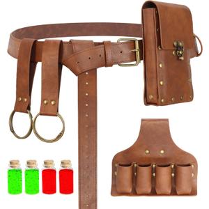Renaissance Belt Pouch Medieval Viking Pirate Leather Bag Potion Bottle Set Skirt Hike Halloween Cosplay Costume Accessorie (Brown-Bottle, Belt Pouch)
