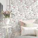 2 x Dimoon 78.7"x17.3" Vintage Wallpaper Floral Peel and Stick Wallpaper Boho Contact Paper White Pink Green Cute Flower Removable Wall Paper Renter Friendly Kitchen Shelf Bathroom Self Adhesive Vinyl