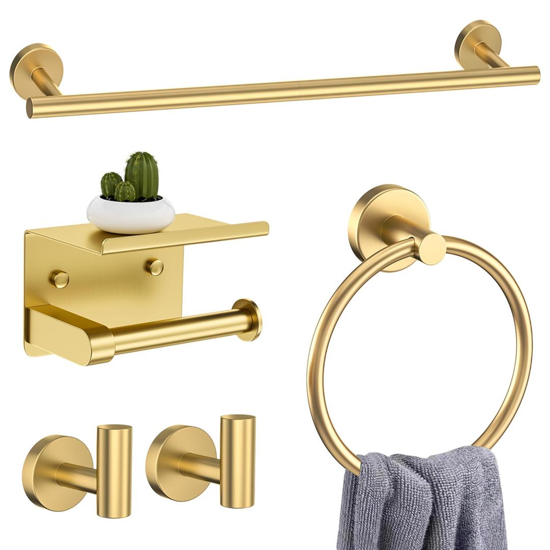 5-Piece Towel Bar Set Brushed Gold Bathroom Hardware Accessories Set Includes Multi-Purpose Toilet Paper Holder,Towel Holder Sets for Bathroom Stainless Steel Wall-Mounted 23.6in