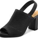 Mysoft Women's Knit Chunky Block High Heels Elastic Slingback Open Toe 3 Inch Heeled Sandals,Black,8.5 W US