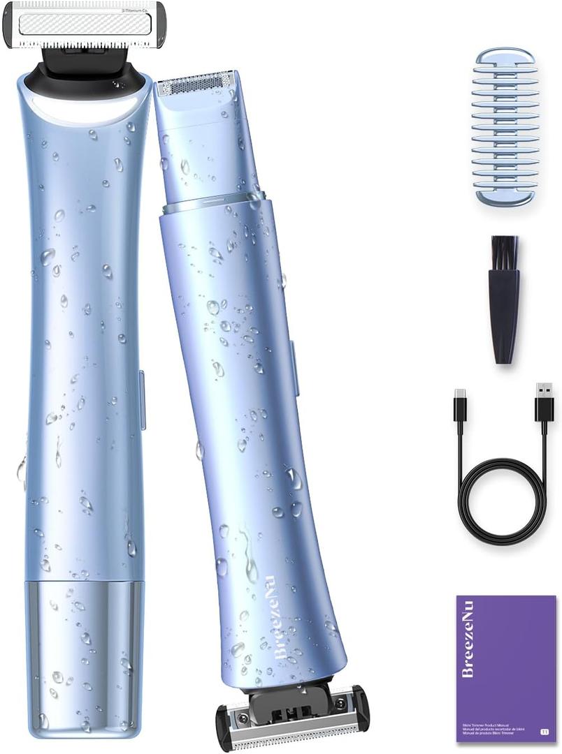 Bikini Trimmer for Women, 2-in-1 Painless Electric Razor with Dual Heads, IPX7 Waterproof Cordless Body & Facial Shaver for Pubic Hair, Underarms, Legs & Face, Wet & Dry (Blue)