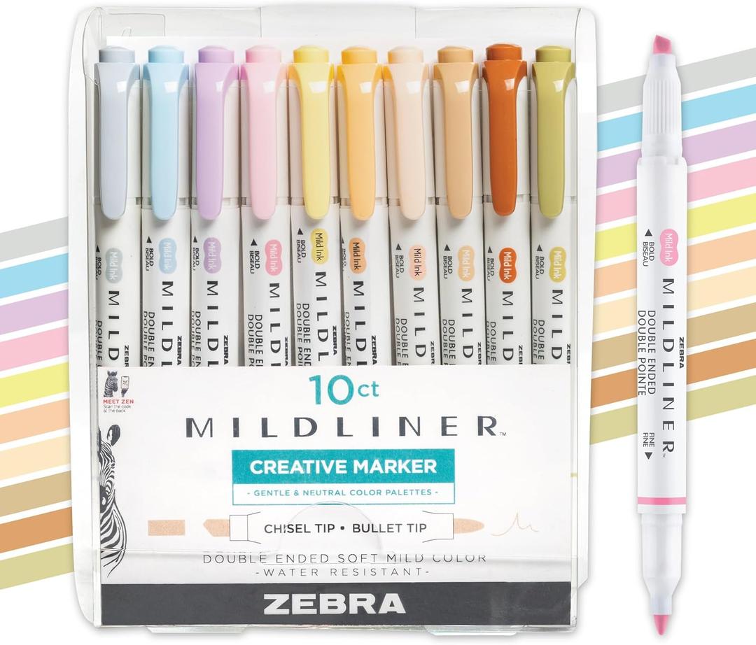Zebra Pen Mildliner Dual-Tip Highlighter Marker Set, Broad and Fine Point Tips, No Bleed, Ideal for Bible Highlighting, Journaling & Note-Taking, Assorted Neutral & Gentle Ink Colors, 10-Pack (78701)