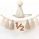 6 Months Birthday Decoration 1/2 Boho Neutral High Chair Banner with Cone Hat for Baby Boy Girl Half Birthday Decorations