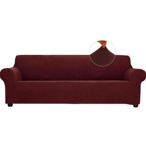 Qubjus Stretch Sofa Slipcover Loveseat Slipcovers for 2 Cushion Couch Soft Couch Cover Furniture Protector Jacquard Fabric Small Checks with Elastic Bottom for Kids Pets (Burgundy, Medium)