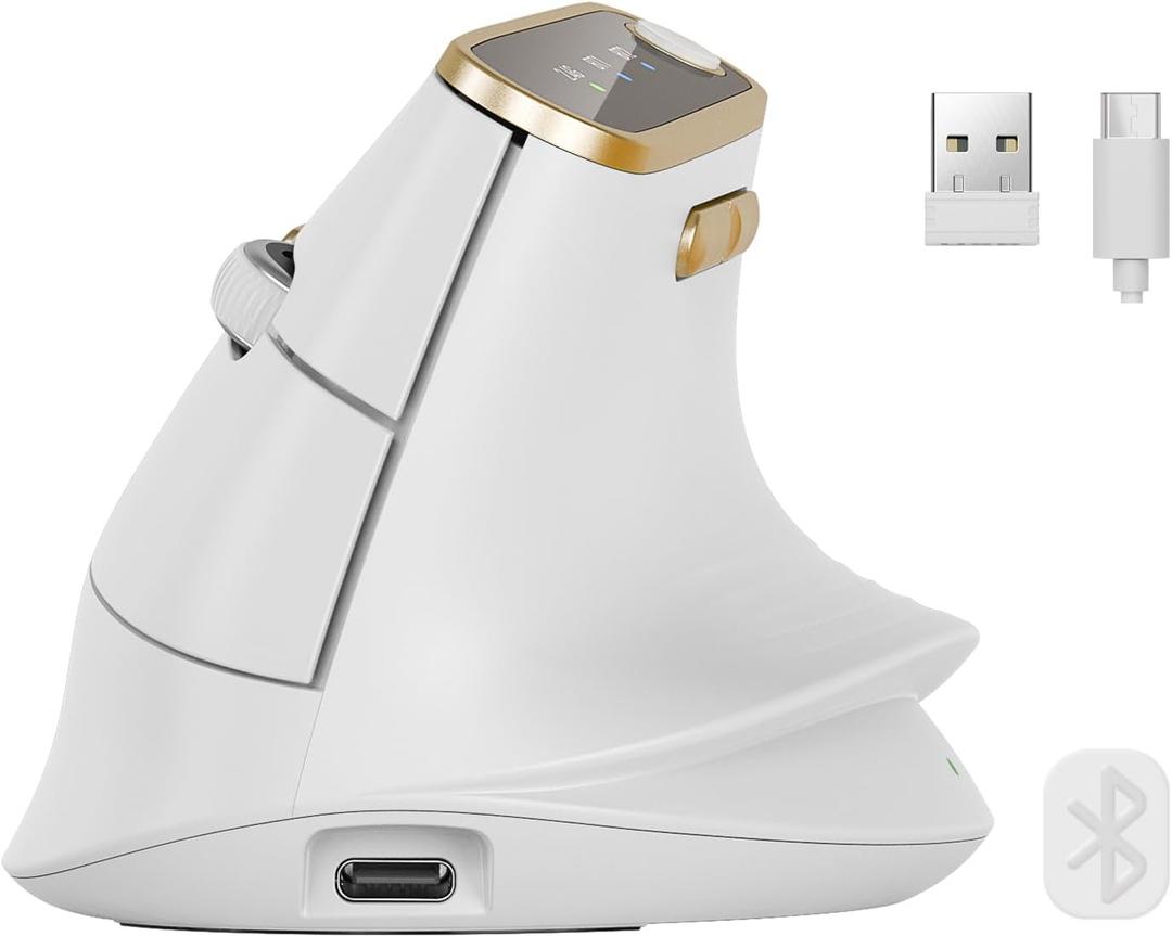 SABLUTE Ergonomic Vertical Wireless Mouse with 3-Device Switching MAM4 | Bluetooth & 2.4GHz, Programmable Buttons, Fast Scrolling, USB-C Rechargeable, 30-Day Battery, 8000 DPI Adjustable, Soft White