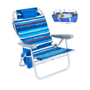 SUNNYFEEL Low Beach Chair 5 Position Lay Flat, Portable Folding Backpack Beach Chairs Heavy Duty with Cooler Bag, Cup Holder for Outdoor/Lawn/Picnic/Fishing, Foldable Camping Chair (New BlueStripe)