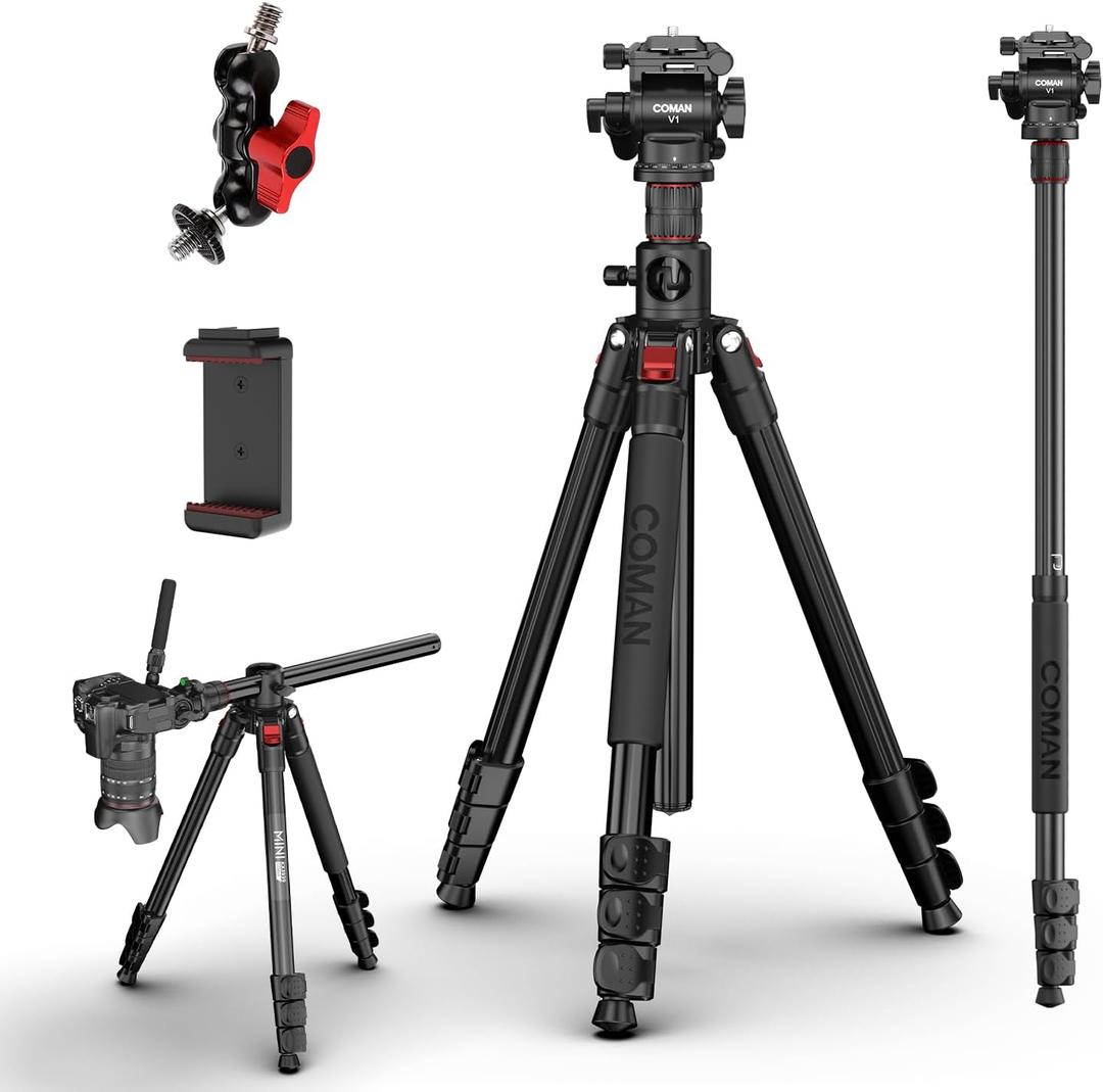 COMAN 72" Overhead Camera Tripod with Fluid Head,Horizontal Tripod for Top-Down Product & Food Photography,Detachable Monopod&Invertible Center Column,Aluminum Tripod for DSLR Camcorder Spotting Scope